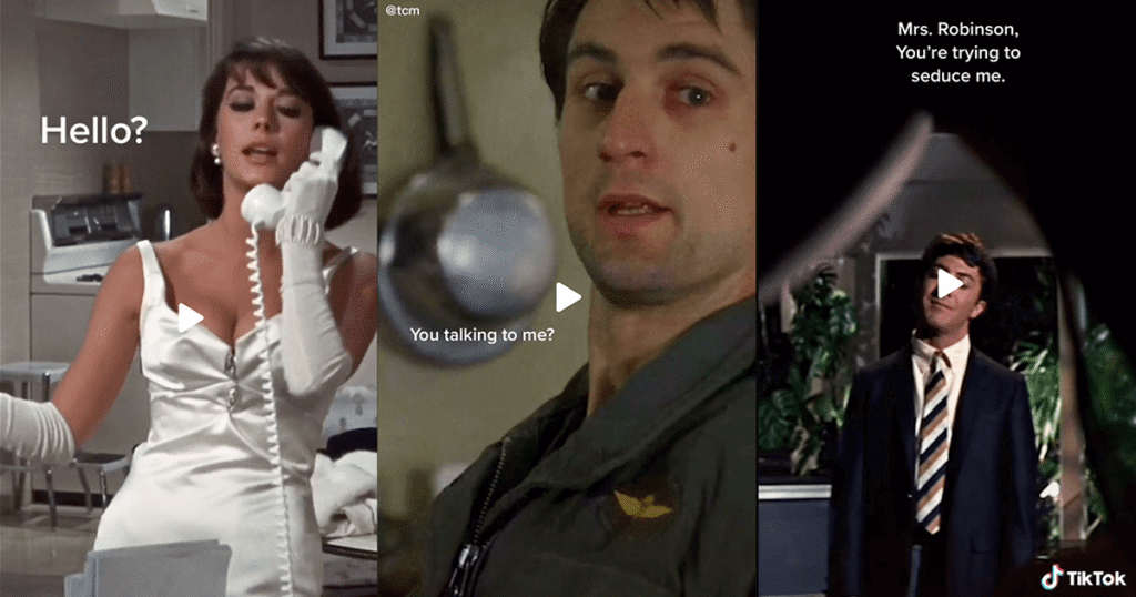 Screenshots from Turner Classic Movies' TikTok page, from left: Natalie Wood in Sex and the Single Girl in a white dress and white gloves, says 'Hello?' into a white telephone, Robert De Niro in Taxi Driver looks into the camera and asks 'You talkin' to me?' and Dustin Hoffman, framed by Anne Bancroft's knee in The Graduate states 'Mrs. Robinson, you're trying to seduce me.'