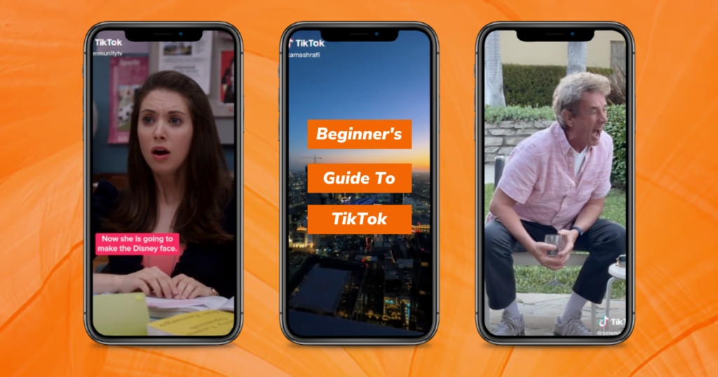Three smartphones with different types of TikTok content displayed. The first includes a screenshot from the TV show Community, the second shows a "Beginner's Guide to TikTok", and the third shows a man in a pink shirt who is distressed.
