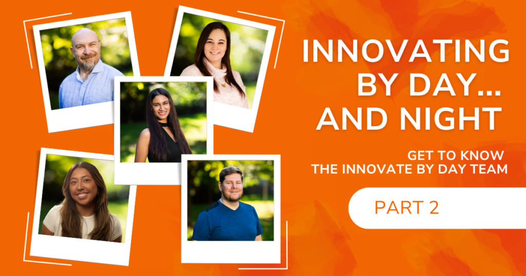 A collage of 5 employees accompanied by the header "Innovating By Day and Night".